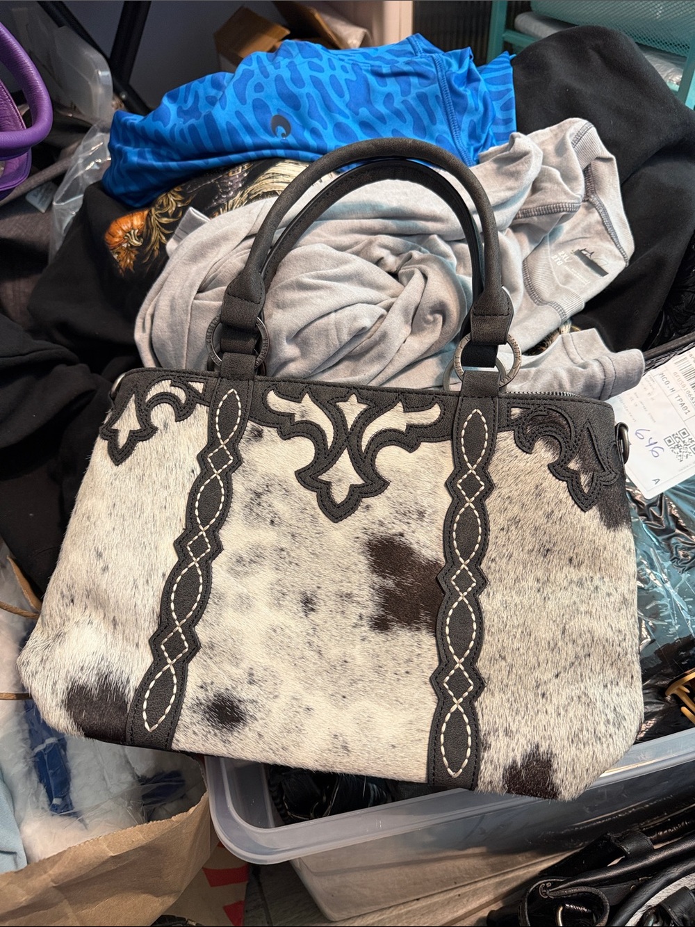 Cowhide Accent Satchel Handbag - Black & White